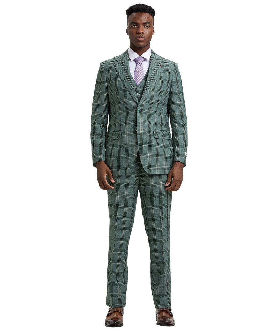 Stacy Adam 3 Piece Suit 2 Buttons Plaid Hybrid Fit in Green With Expandable Waist Band