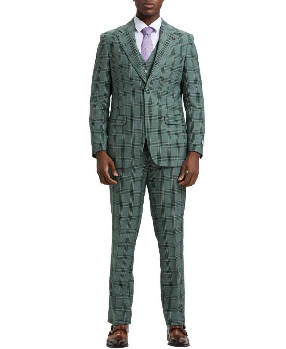 Stacy Adam 3 Piece Suit 2 Buttons Plaid Hybrid Fit in Green With Expandable Waist Band