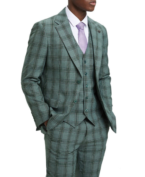 Green men's hybrid fit three piece plaid suit