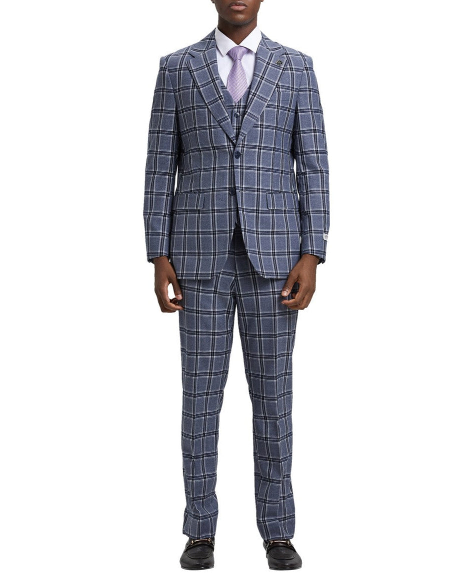 Stacy Adam 3 Piece Suit 2 Buttons Plaid Hybrid Fit in Grey With Expandable Waist Band