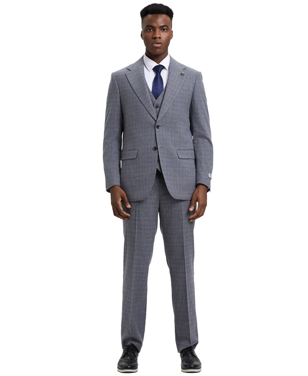 Stacy Adams 3 Piece Suit Glen Plaid Hybrid Fit in Grey With Expandable Waist Band