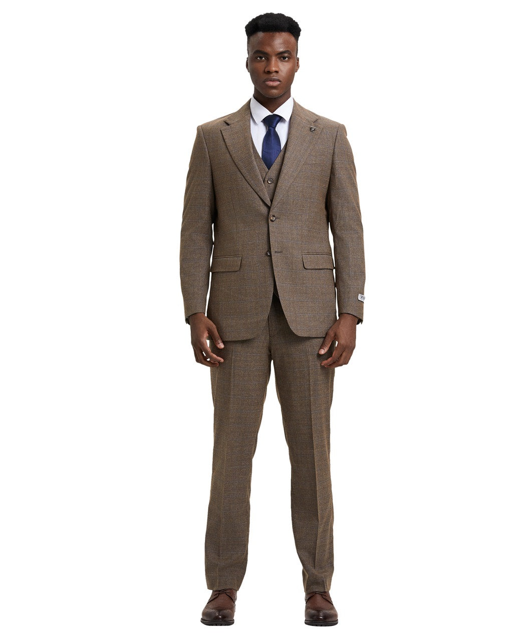 Stacy Adams 3 Piece Suit Glen Plaid Hybrid Fit in Brown With Expandable Waist Band