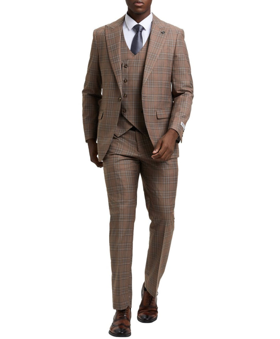 Stacy Adams Brown 3 Piece 2 Button Plaid Peak Lapel Suit With Expandable Waist Band