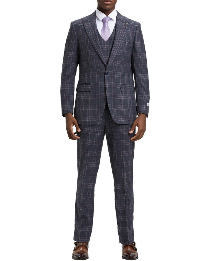 Stacy Adam Stacy Adam Grey 3 Piece 2 Button Plaid Peak Lapel Suit With Expandable Waist Band