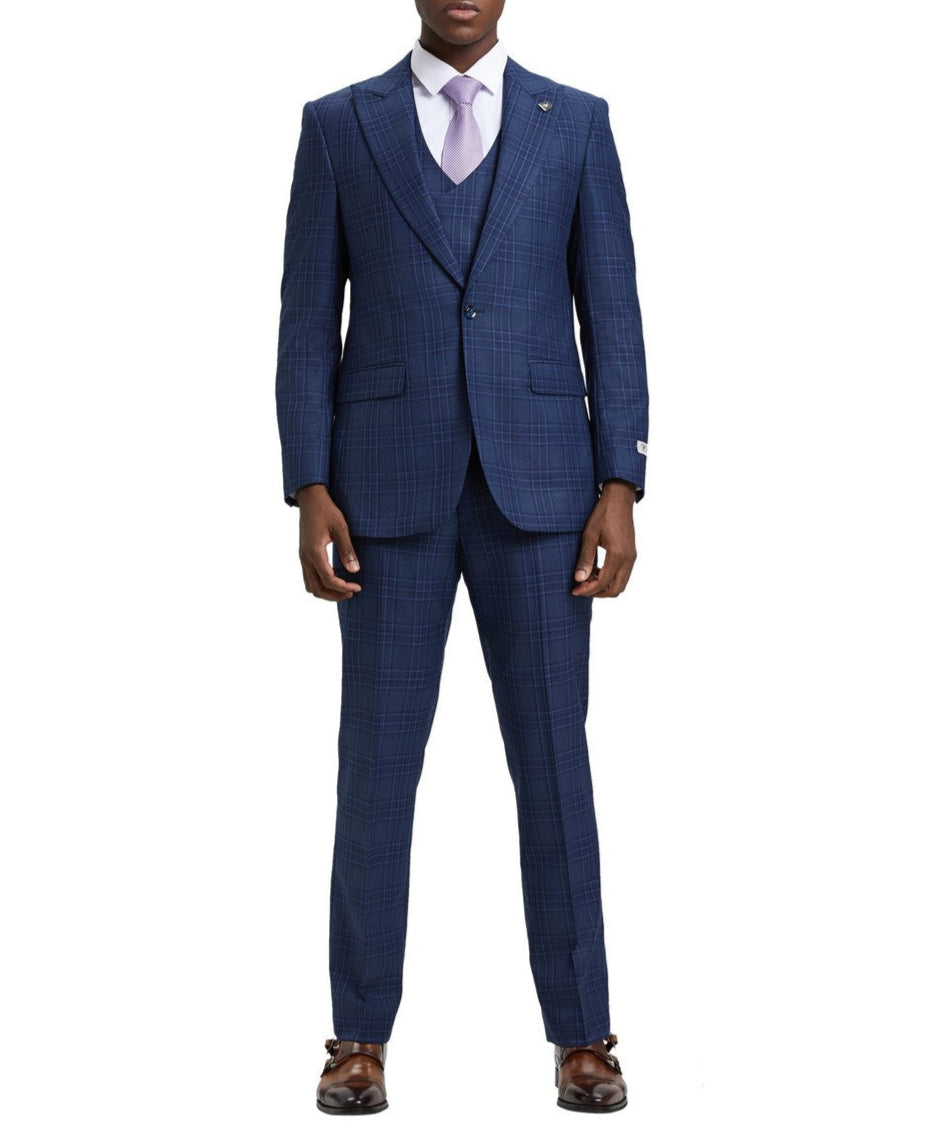 Stacy Adams Blue 3 Piece 2 Button Plaid Peak Lapel Suit With Expandable Waist Band