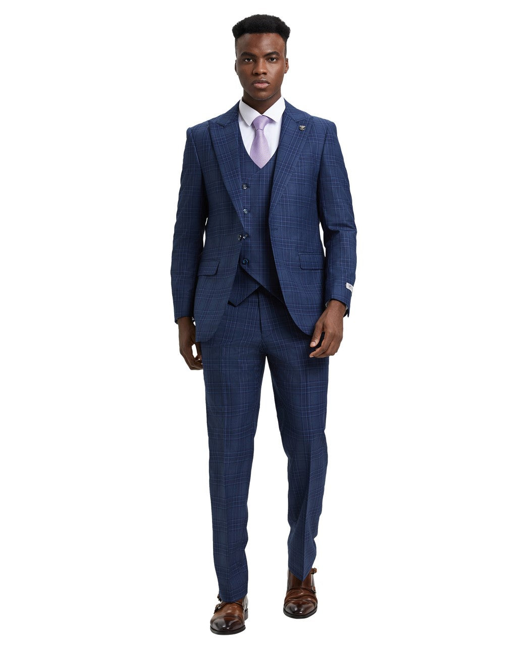 Stacy Adams Blue 3 Piece 2 Button Plaid Peak Lapel Suit with Adjustable Waistband