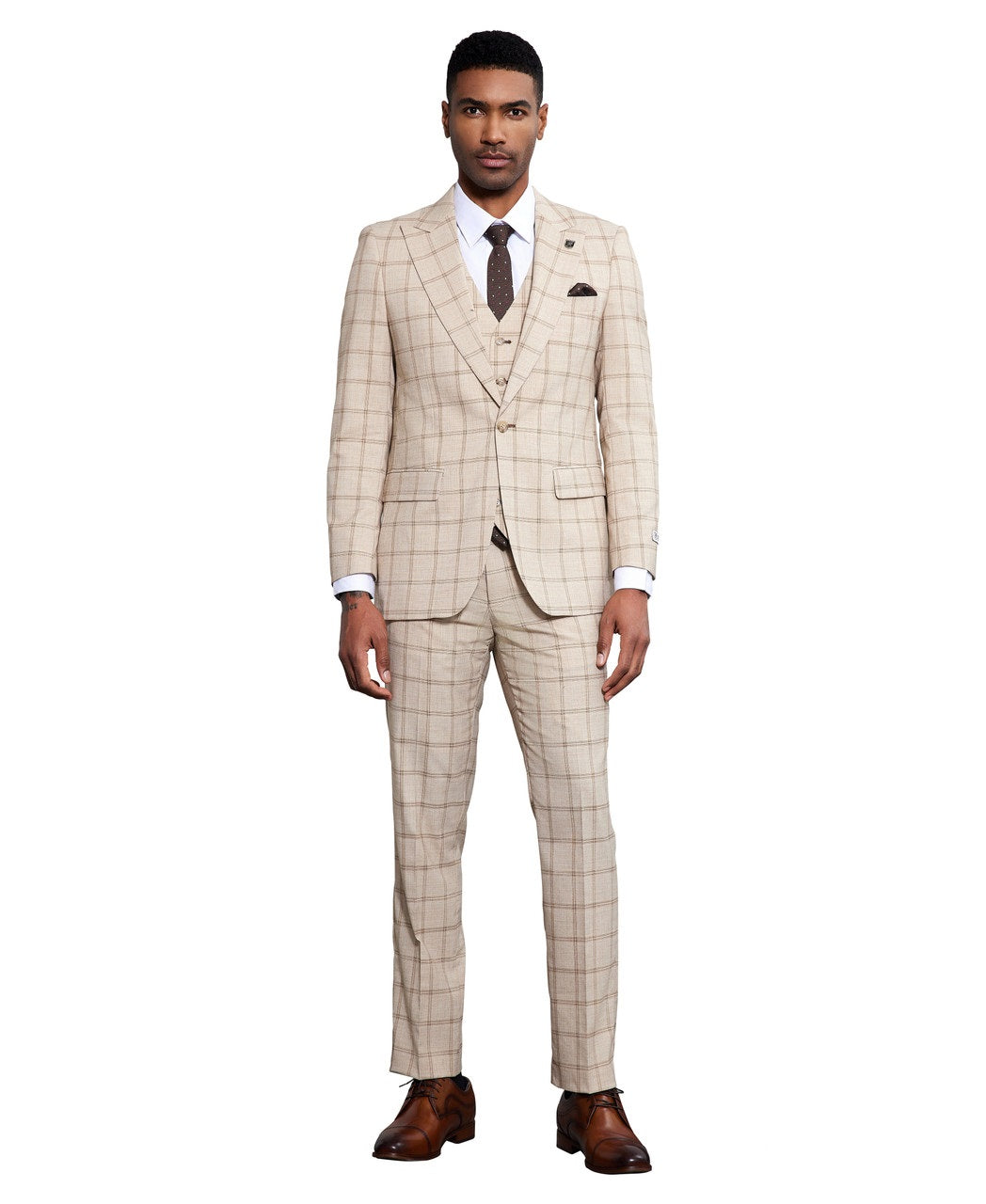 Stacy Adams 3 Piece Windowpane Suit Hybrid Fit in Tan With Expandable Waist Band