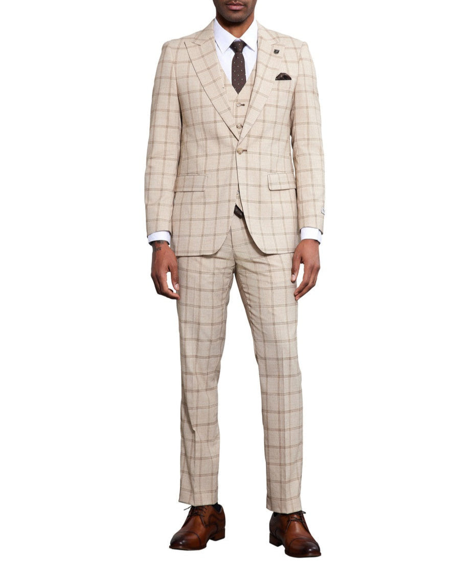 Stacy Adams 3 Piece Windowpane Suit Hybrid Fit in Tan With Expandable Waist Band