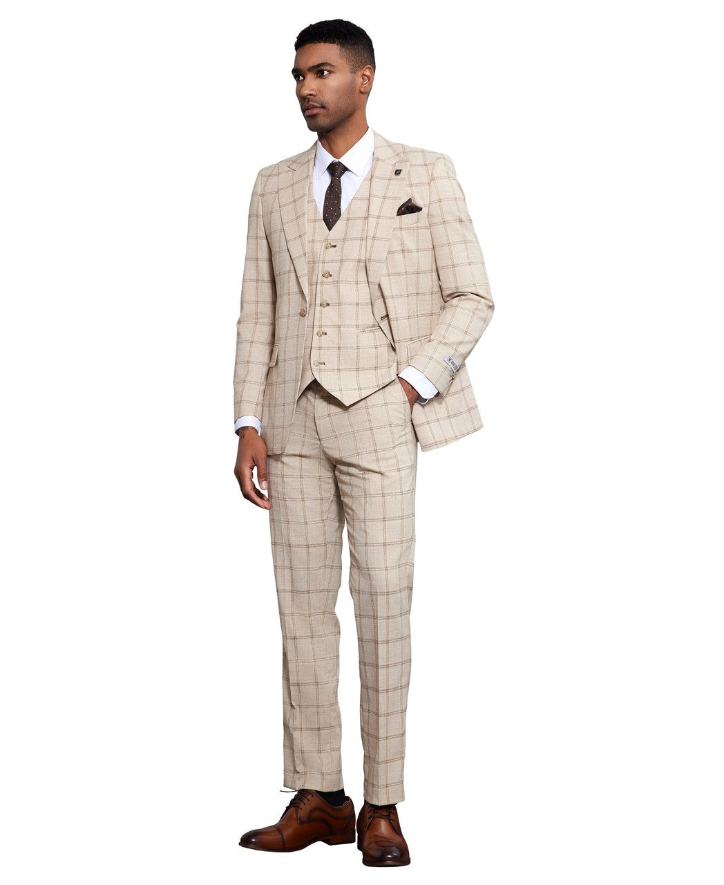 Stacy Adams 3 Piece Windowpane Suit Hybrid Fit in Tan with Adjustable Waistband