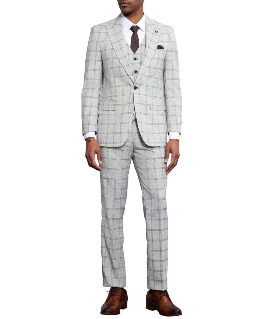 Stacy Adams 3 Piece Windowpane Suit Hybrid Fit in Light Grey With Expandable Waist Band