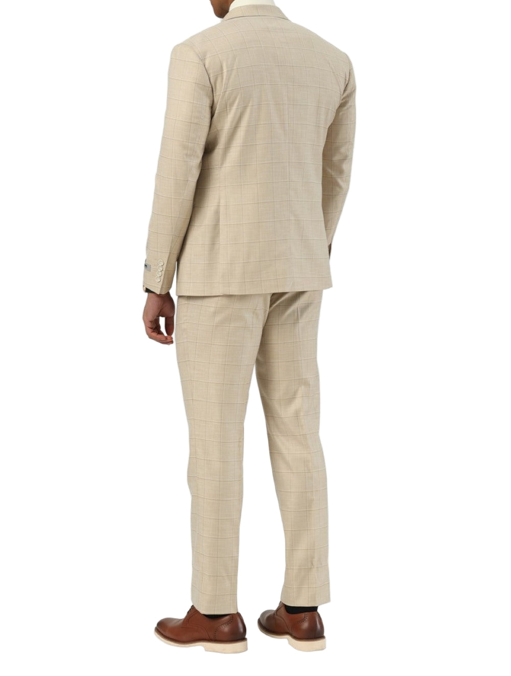 Stacy Adams Beige Hybrid Fit Windowpane Double Breasted Suit jacket, showing collar, buttons, pockets, and shoes.
