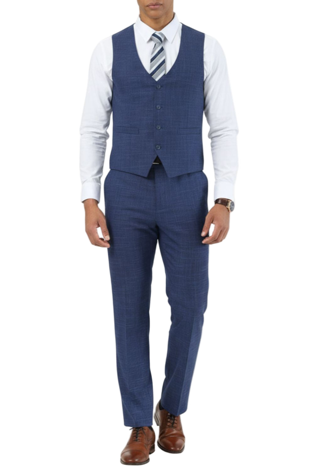 Man wearing a blue checkered suit with a white shirt and brown shoes on a white background