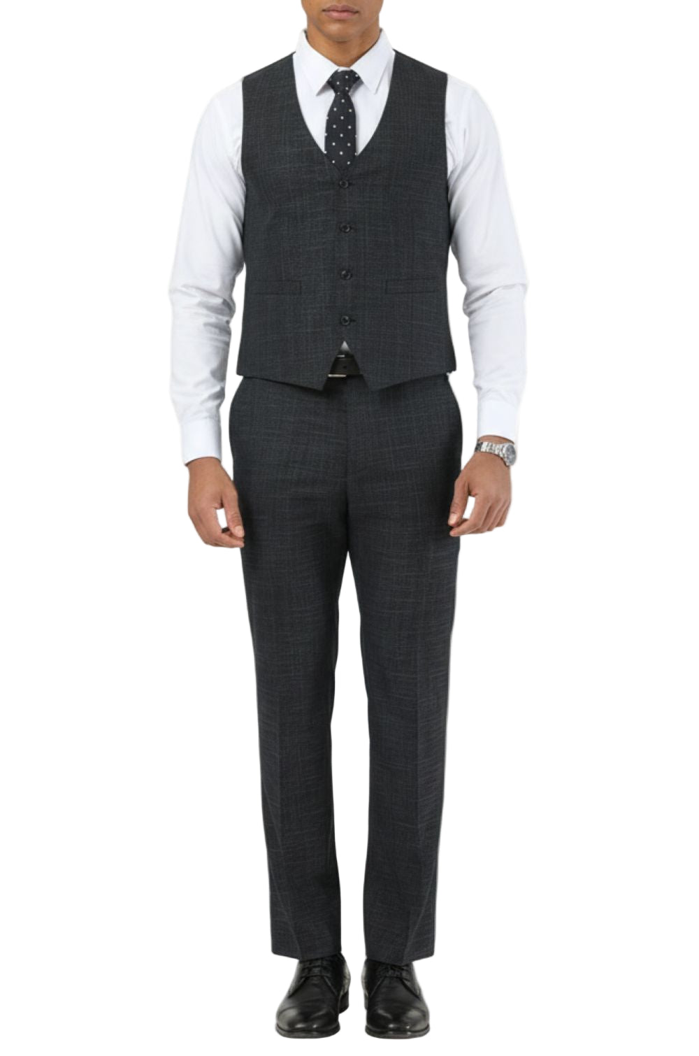 Man wearing a gray checkered suit with a white shirt and black tie on a white background