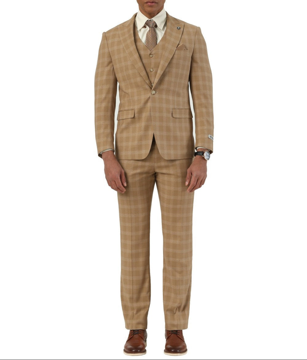 Stacy Adams - 3 Piece Hybrid Fit Glen Plaid Suit in Taupe
