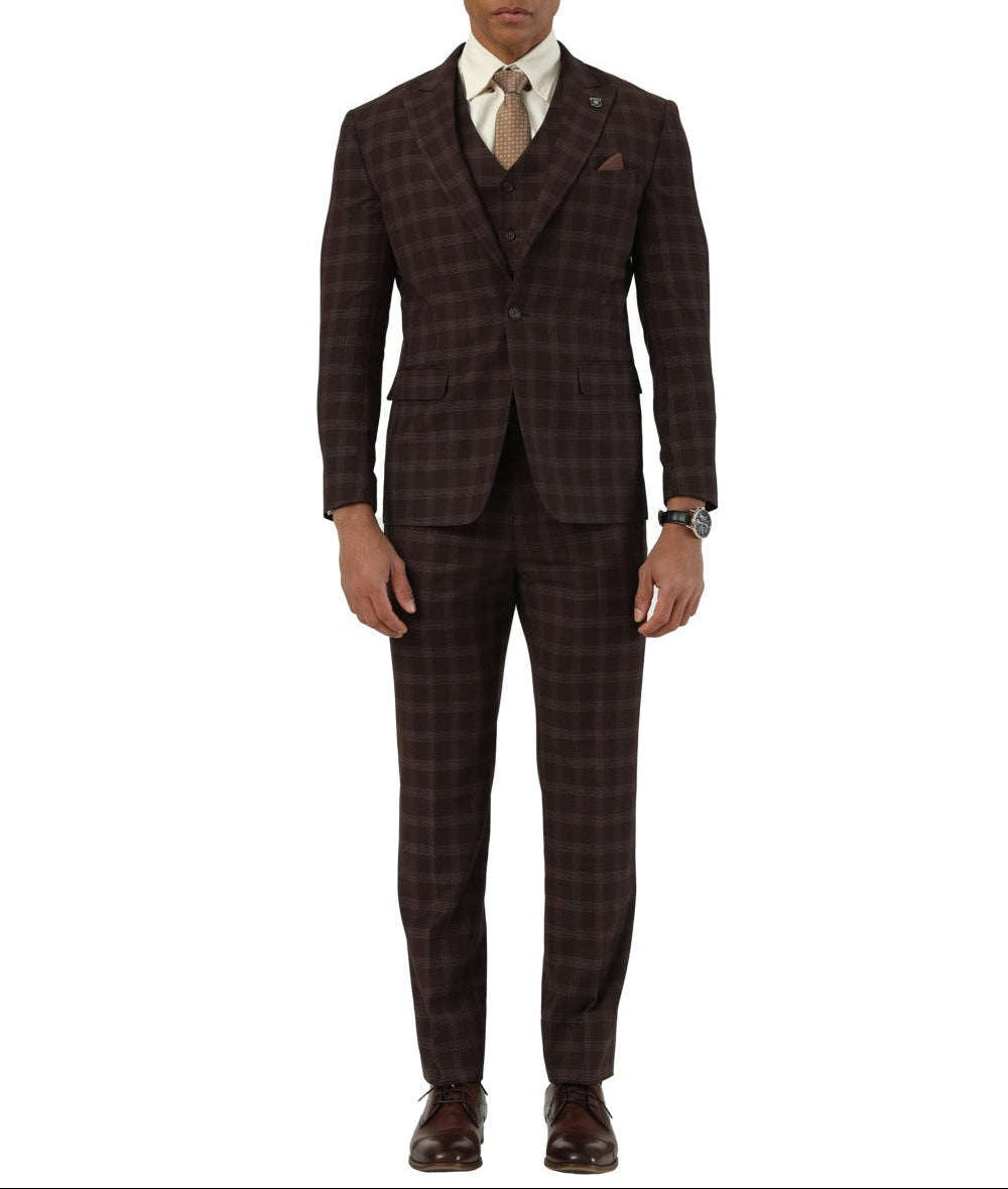 Stacy Adams - 3 Piece Hybrid Fit Glen Plaid Suit in Coffee
