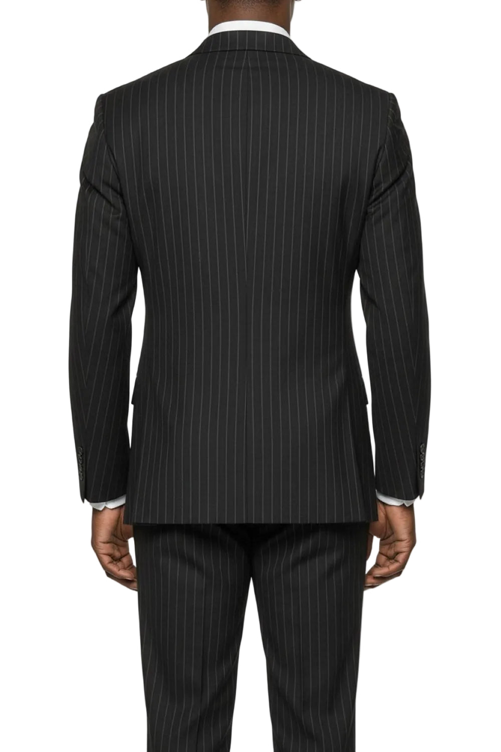 Black pinstripe suit jacket and pants on a white background