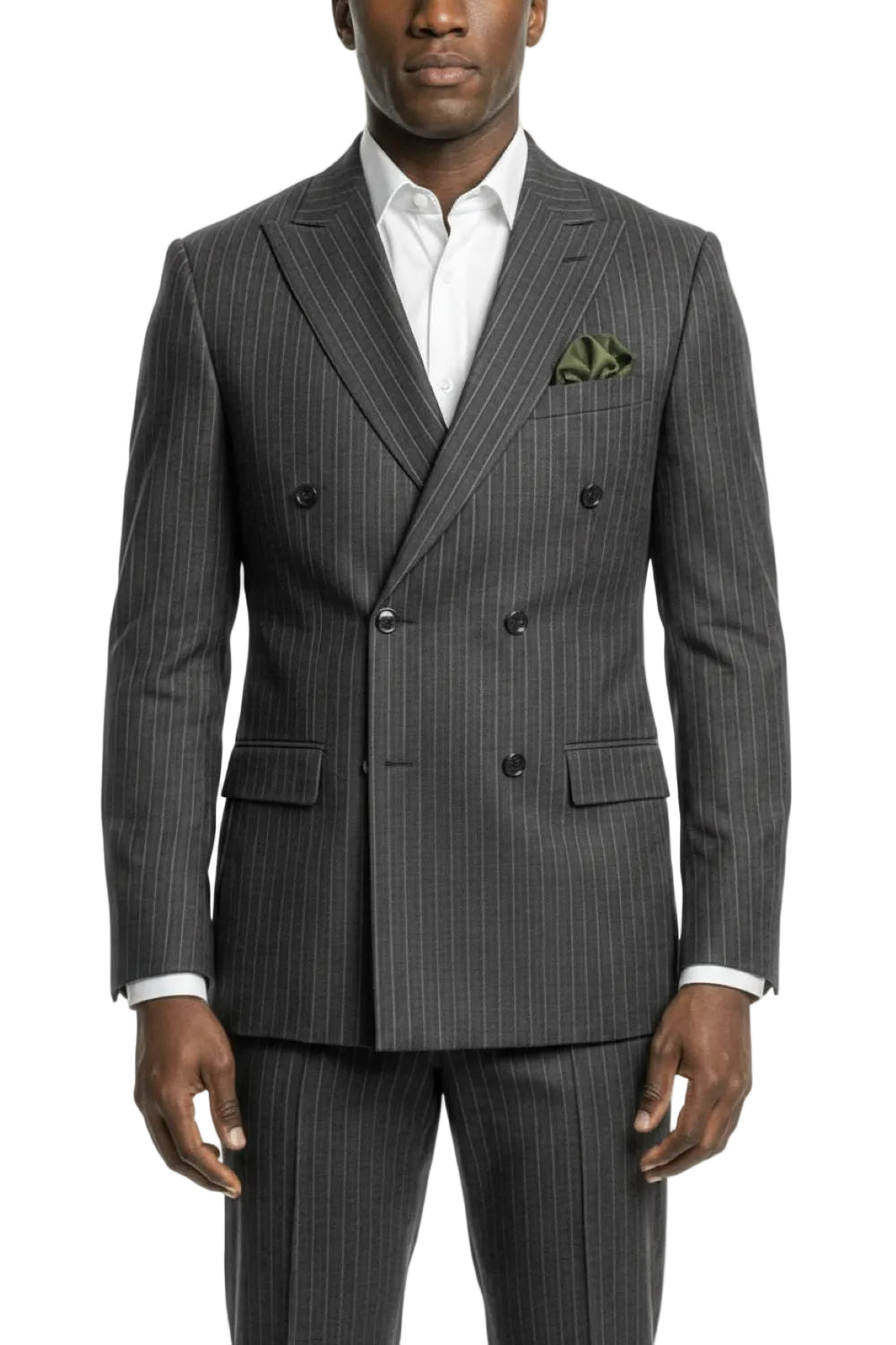 Man wearing a gray pinstripe suit with a white shirt and green pocket square on a white background