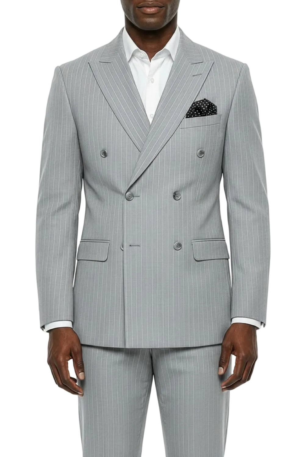 Gray pinstripe suit with white shirt and black pocket square on a white background