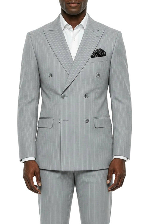 Gray pinstripe suit with white shirt and black pocket square on a white background