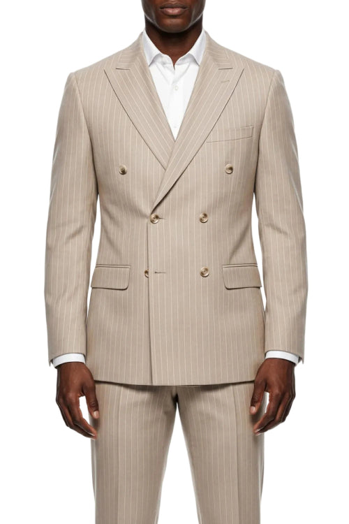 Beige pinstripe suit on a white background