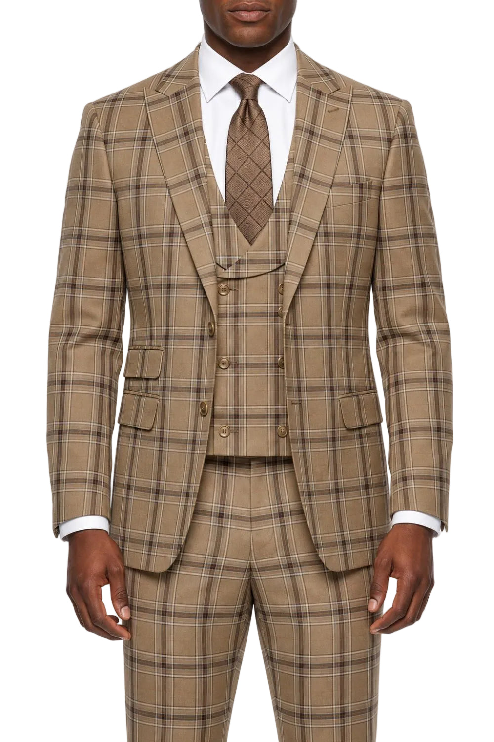 Stacy Adams - Tan 3-Piece Plaid Hybrid Fit Suit