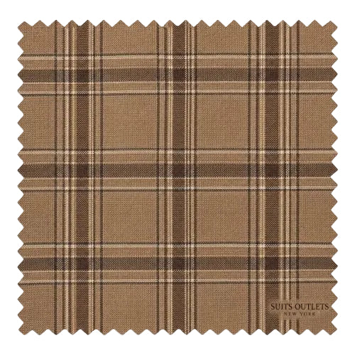 A square fabric swatch with serrated edges showing a brown and beige plaid pattern, with the 'Suits Outlets New York' logo printed in the bottom right corner.