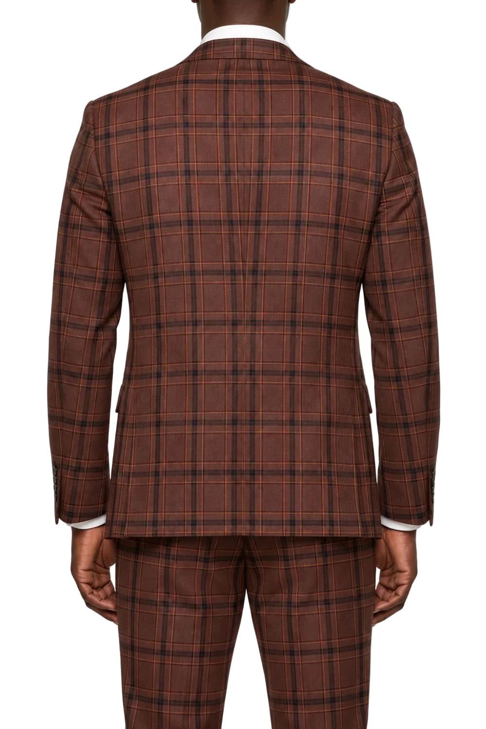 A man viewed from the back wearing a brown plaid suit jacket and matching trousers, with a white shirt cuff visible at the sleeve opening, against a plain white background.