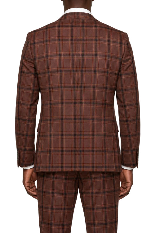 A man viewed from the back wearing a brown plaid suit jacket and matching trousers, with a white shirt cuff visible at the sleeve opening, against a plain white background.