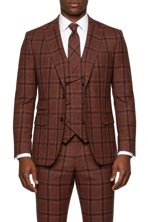 Stacy Adams - Rust 3-Piece Plaid Hybrid Fit Suit