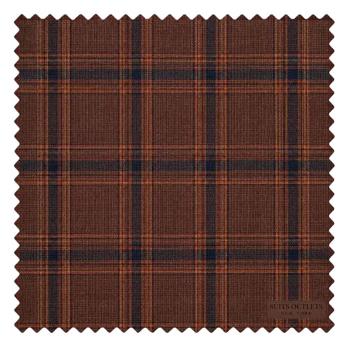 A square fabric swatch with serrated edges showing a brown plaid pattern with dark navy and orange stripes, on a white background.