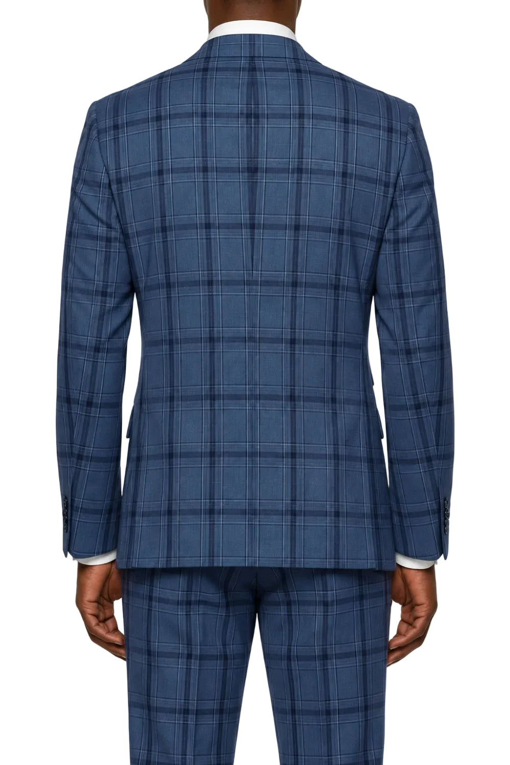 A man viewed from the back wearing a blue plaid suit jacket and matching trousers, with a white shirt cuff visible at the collar.