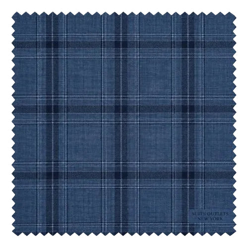 A square fabric swatch with serrated edges showing a blue plaid pattern on a white background. Small text in the lower right reads 'MITS OUTLETS NEW YORK'.