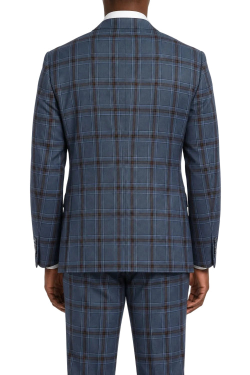 A man viewed from the back wearing a blue plaid suit jacket and matching trousers, with a white shirt collar visible at the neck, against a plain white background.