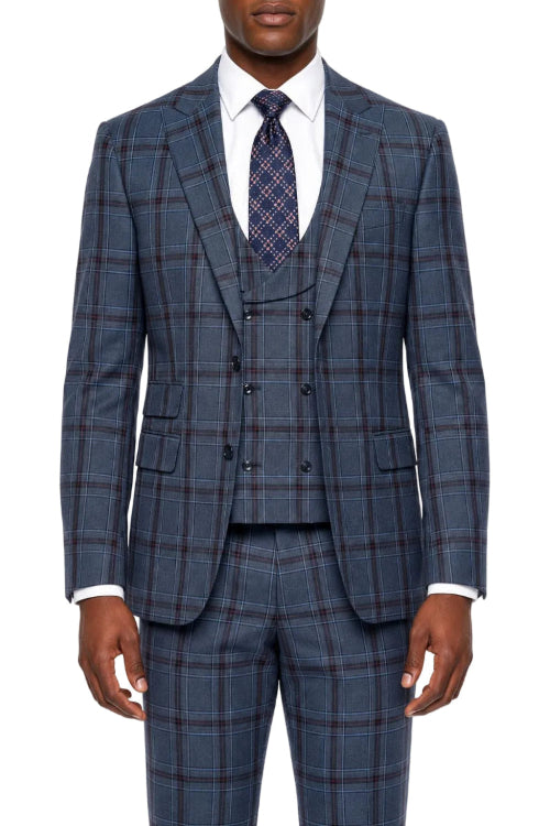 Stacy Adams - Steel Navy 3-Piece Plaid Hybrid Fit Suit