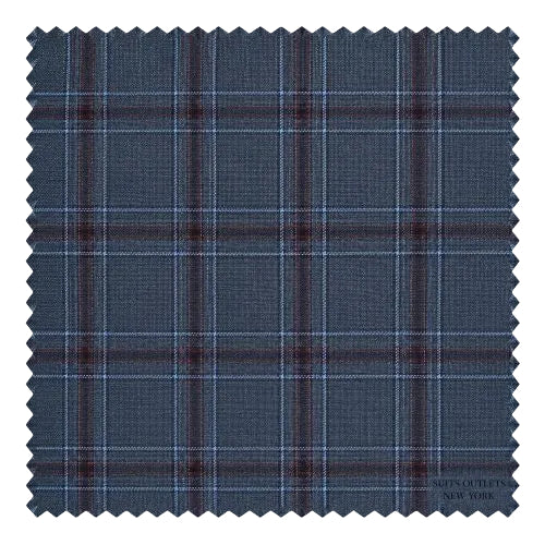A square fabric swatch with serrated edges showing a blue tartan plaid pattern with dark red and light blue intersecting stripes, on a white background.