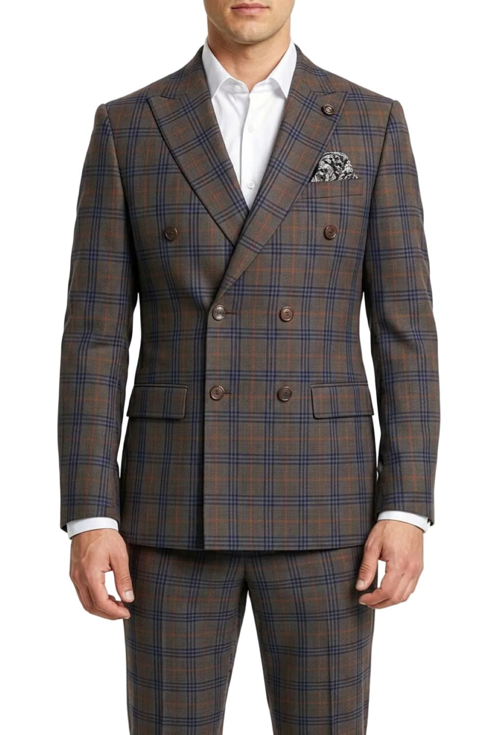 Brown plaid suit with white shirt and pocket square on a white background