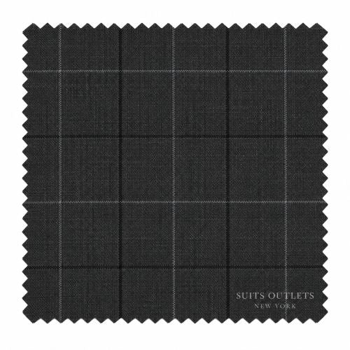 A square fabric swatch with serrated edges in a very dark charcoal gray or black color, featuring a subtle windowpane plaid pattern. The brand name 'SUITS OUTLETS NEW YORK' is printed in white in the bottom right corner.