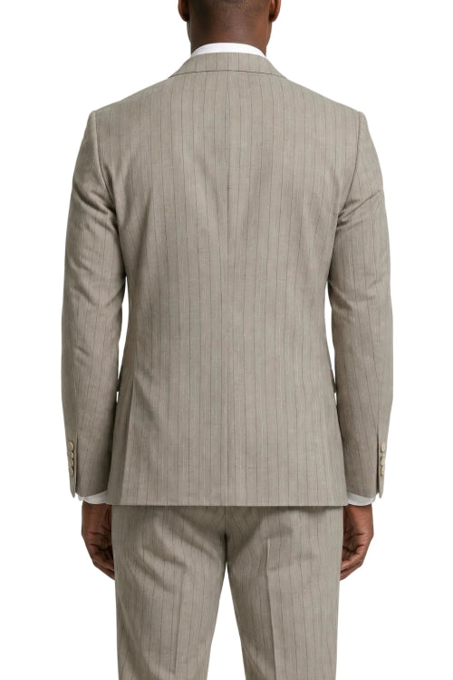 A man viewed from the back wearing a light beige pinstripe suit with a white collared shirt, set against a plain white background.