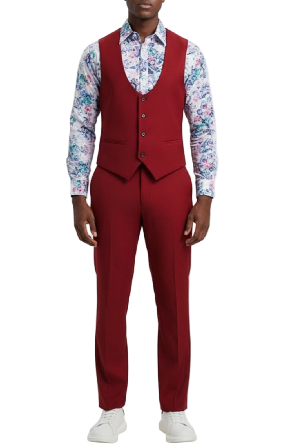 Close-up of the solid Cherry Red Stacy Adams 3 Piece Hybrid Fit Suit collar, showing buttons and a pocket.