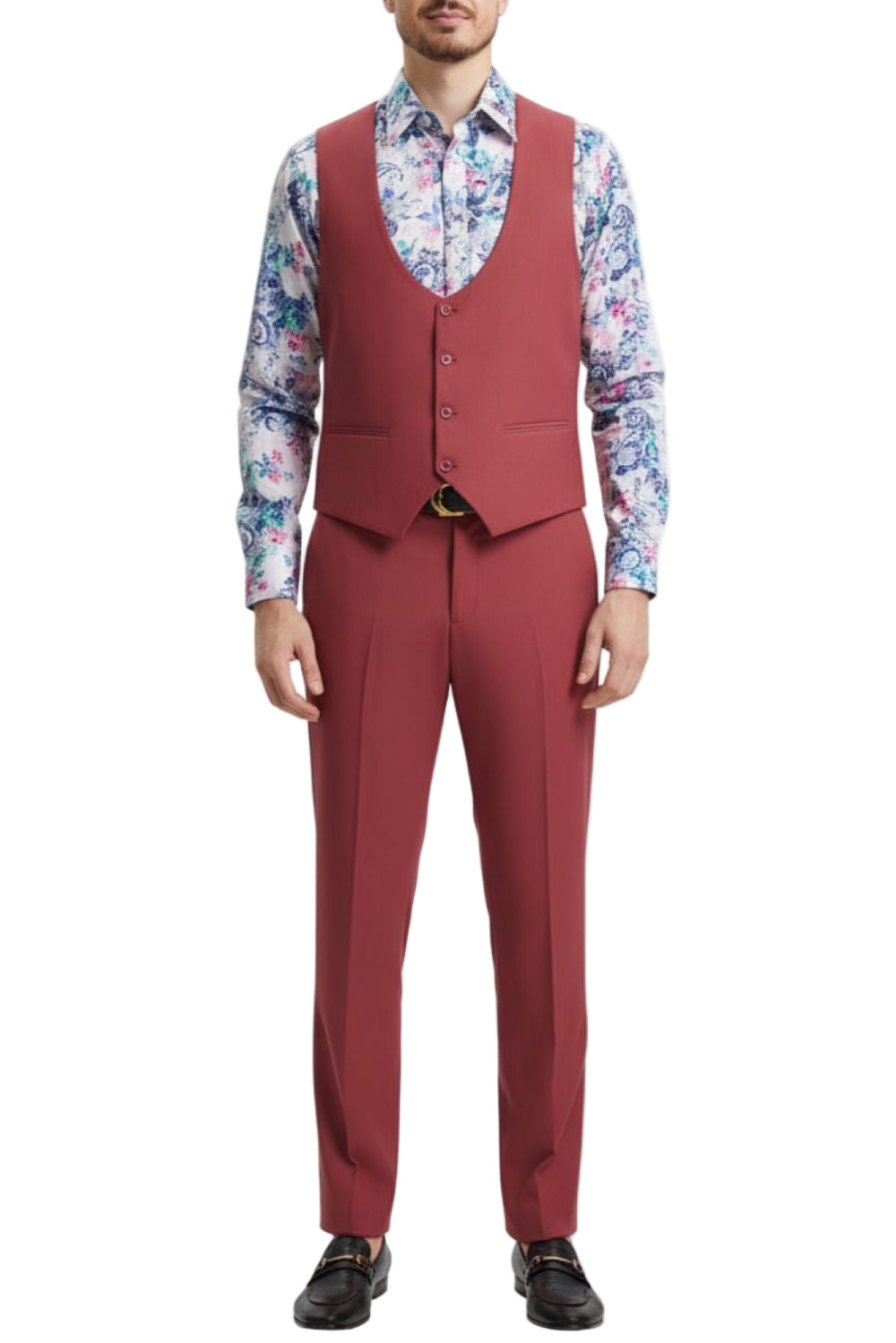 Close-up of the solid Coral Stacy Adams 3 Piece Hybrid Fit Suit jacket collar, showing an adjacent pocket.