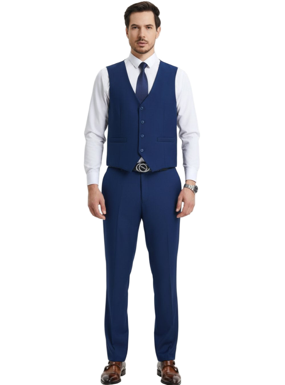 Man wearing a blue suit vest and pants on a white background