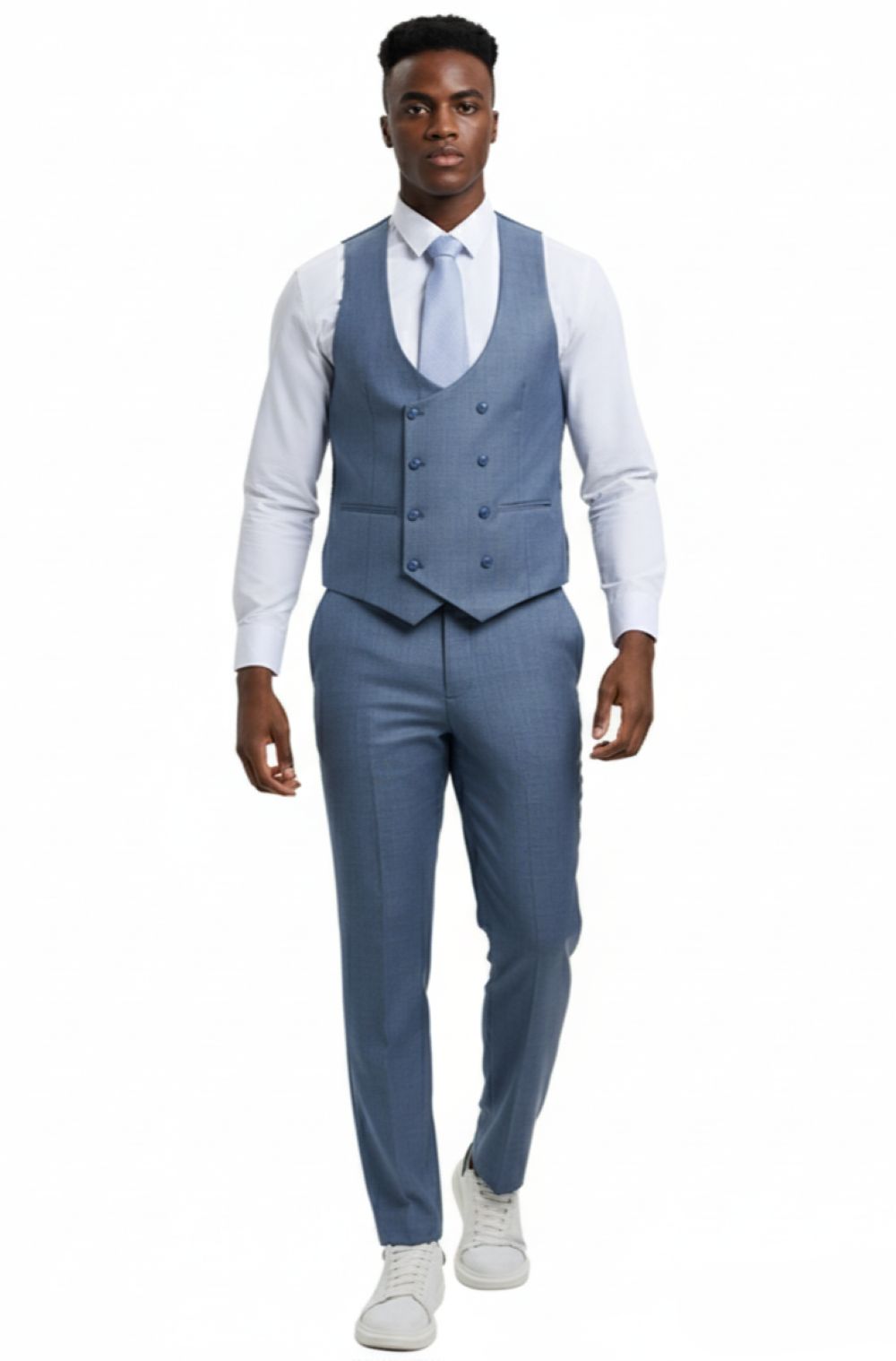 Stacy Adams 3 Piece Hybrid Fit Ocean Sharkskin Suit: solid collar, tie, button, pocket on white.