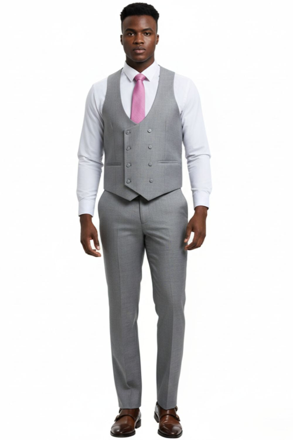 Stacy Adams solid Stone Gray Sharkskin 3-piece suit with tie, collar, buttons, pockets on white.