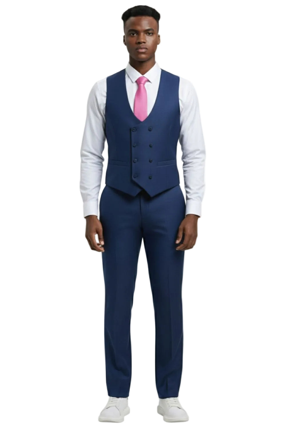 Solid Stacy Adams 3 Piece Hybrid Fit Blue Sharkskin Suit jacket, showing tie, collar, button, and pocket on white background.