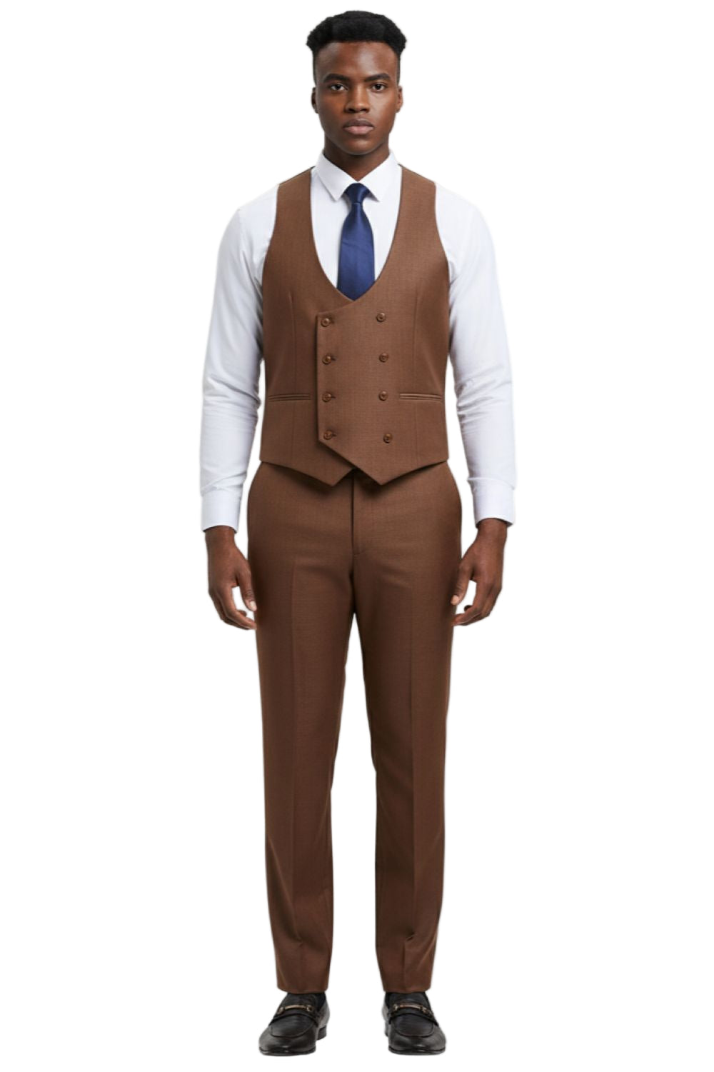Close-up of the solid pocket on the Stacy Adams - 3 Piece Hybrid Fit Cognac Sharkskin Suit, showing buttons, collar, and tie.