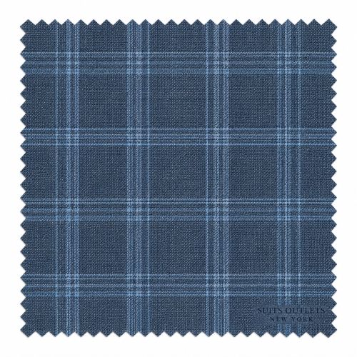 A square fabric swatch with serrated edges showing a blue plaid pattern on a white background. Small text in the lower right reads 'Suits Outlets New York'.