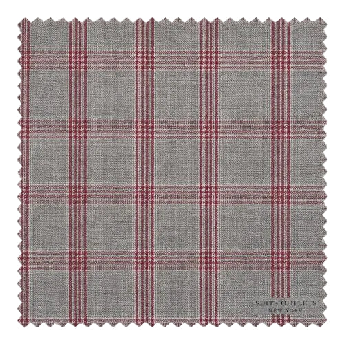 A square fabric swatch with a gray and red plaid pattern, featuring serrated edges and a small 'SOOTS OUTLETS NEW YORK' logo in the bottom right corner.