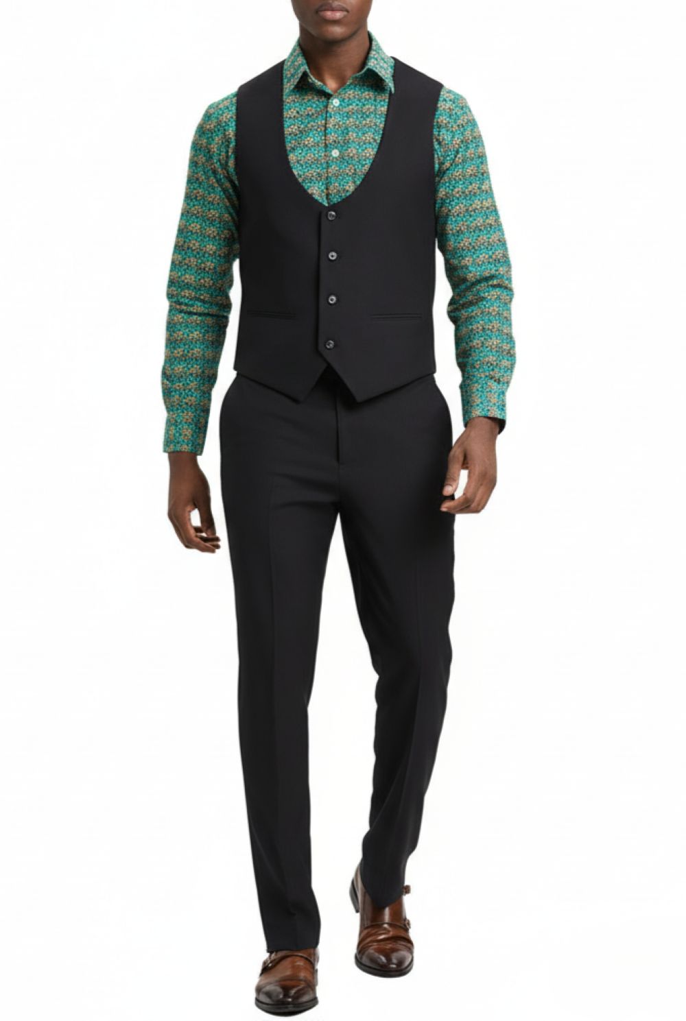 Stacy Adams solid black vest from the 3 Piece Hybrid Fit Suit, showing collar, buttons, and pockets, on a white background.