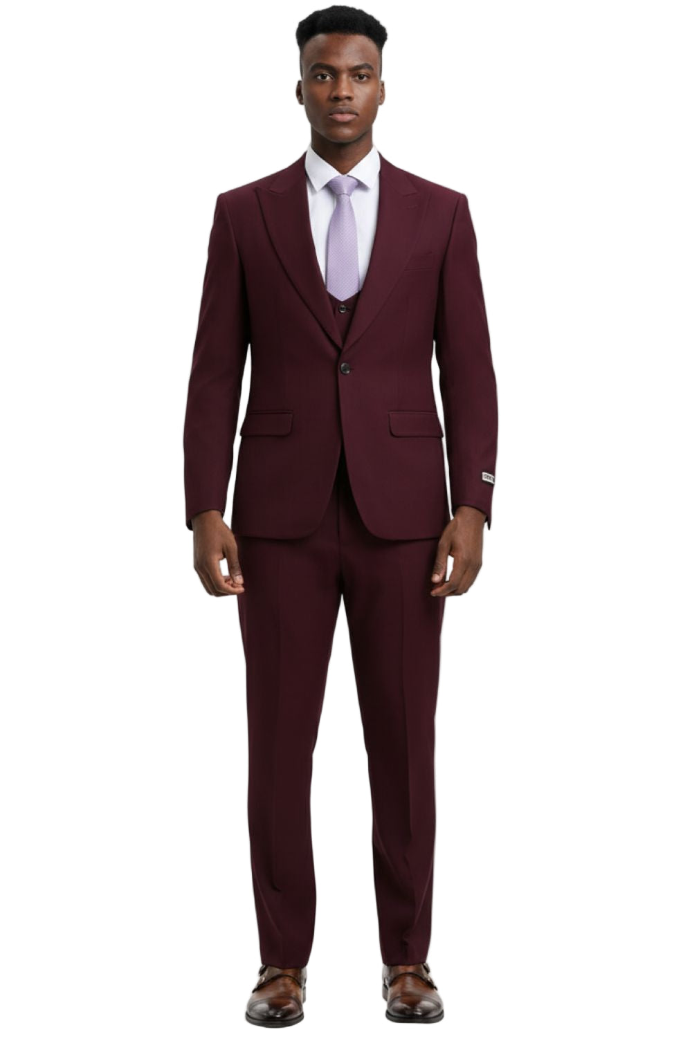 Solid burgundy Stacy Adams 3 Piece Hybrid Fit Suit jacket with tie, collar, button, pocket.