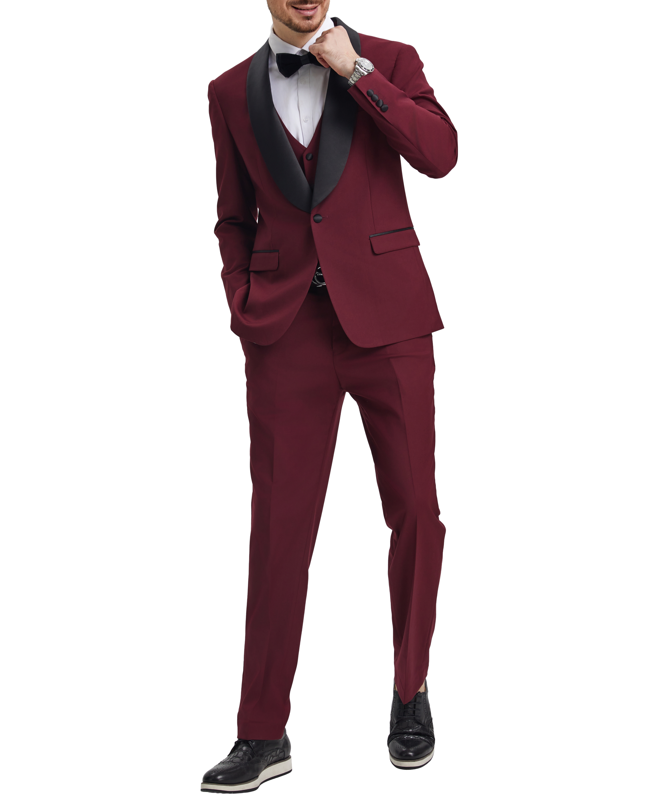 Stacy Adams Burgundy 3 Piece Hybrid Fit Tuxedo Satin Shawl Lapel
